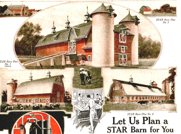 Ein Plakat mit Gebäuden, Kühen und Bäumen mit Text unten.