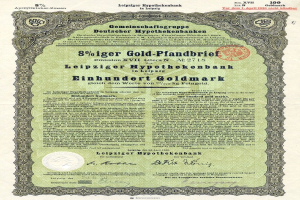 Ein grünes Wertpapier der Leipzig Hypothekbank mit gedrucktem Text und einem Stempel.