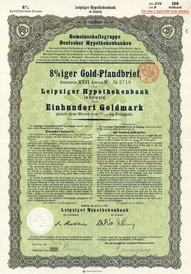 Ein grünes Wertpapier der Leipzig Hypothekbank mit gedrucktem Text und einem Stempel.