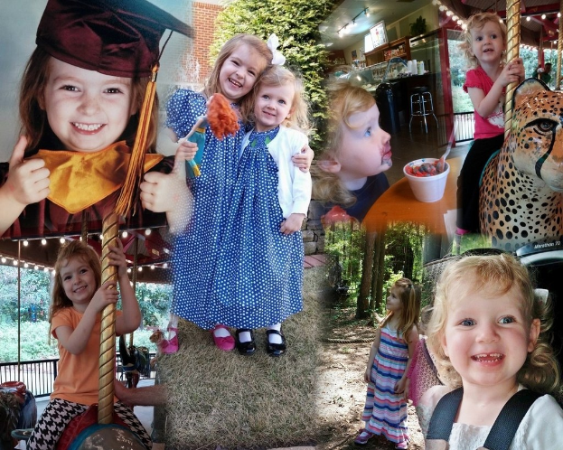 Collage mit lustigen Fahrgeschäften, Kindern an einem Tisch mit Essen, Besteck, umgebender Vegetation und dekorativen Elementen wie Lichtern und einem Hut.