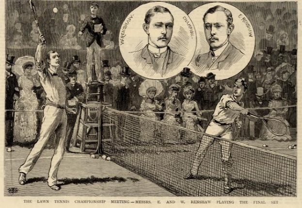 Schwarze und weiße Zeichnung von zwei Männern, die auf einem Platz mit einem Netz Tennis spielen, während eine Gruppe von Menschen im Hintergrund zuschaut; der Text unten lautet "The Lawn Tennis Championship Meeting - Messers, E und W Renshaw spielen das entscheidende Spiel."