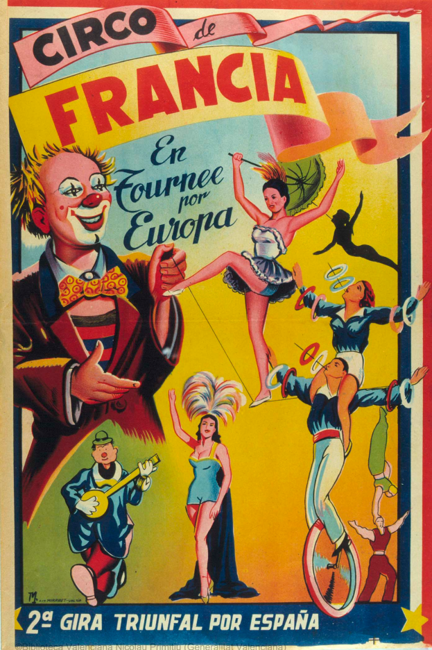 Ein Plakat, das ein Zirkus in Frankreich ankündigt, zeigt eine Gruppe von Menschen in bunten Kostümen mit einer Person in der Mitte, die ein Musikinstrument hält, und Text, der Informationen über den Zirkus enthält.