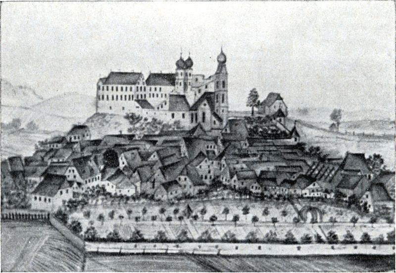 Schwarz-weiß-Illustration einer bayrischen Stadt im 19. Jahrhundert mit einem Schloss, Häusern und Bäumen, beschriftet mit "Bayern, Deutschland im 19. Jahrhundert."