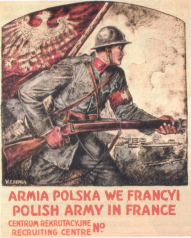 Eine Person in militärischer Uniform, mit Helm und Gewehr, mit der Aufschrift "Armia Polska We Francyi Polnische Armee in Frankreich" darüber, sieht entschlossen und bereit für die Aktion aus.