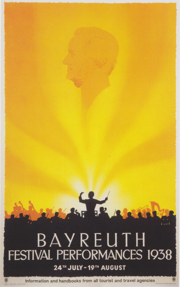 Ein Plakat für die Bayreuther Festspiele 1938, das eine zentrale Figur und eine Gruppe von Menschen zeigt, umgeben von Text mit Festivalinformationen.