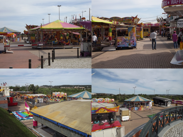 Eine lebendige Faschingszene mit verschiedenen Fahrgeschäften, Buden, Menschen, Pfählen, Lichtern und einer Baum- und Wolkenkulisse, mit einem Wasserzeichen versehen.