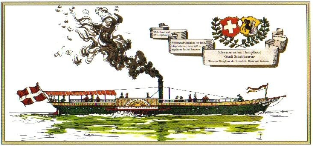 Eine Zeichnung eines geschmückten Dampfschiffs mit aufsteigendem Rauch, das Passagiere auf einem Gewässer trägt, mit einem Logo und Text "Schweizerische Dampfboot - Stadt Schaffhausen" auf der rechten Seite.