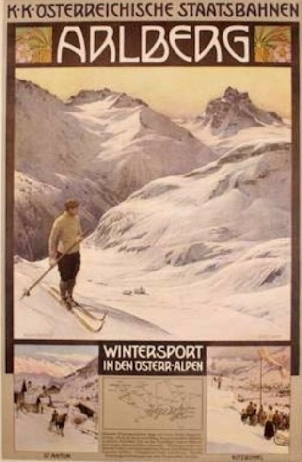 Ein Plakat für einen Wintersport in den österreichischen Alpen mit einem Skifahrer umgeben von Bildern von Menschen und Bergen mit Text.