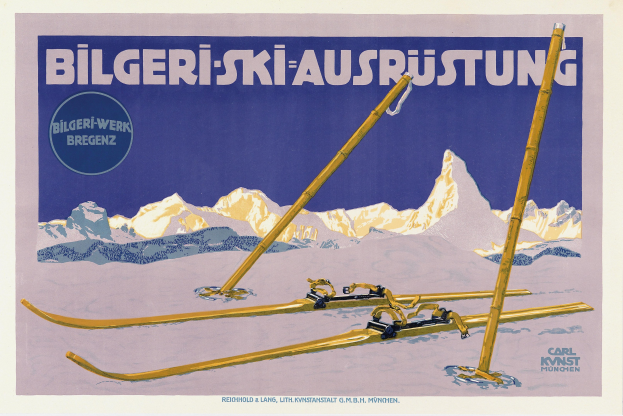 Plakat wirbt für ein Skigebiet in den Schweizer Alpen, mit Skiern im Vordergrund und schneebedeckten Bergen im Hintergrund, sowie Text mit Informationen über das Skigebiet.