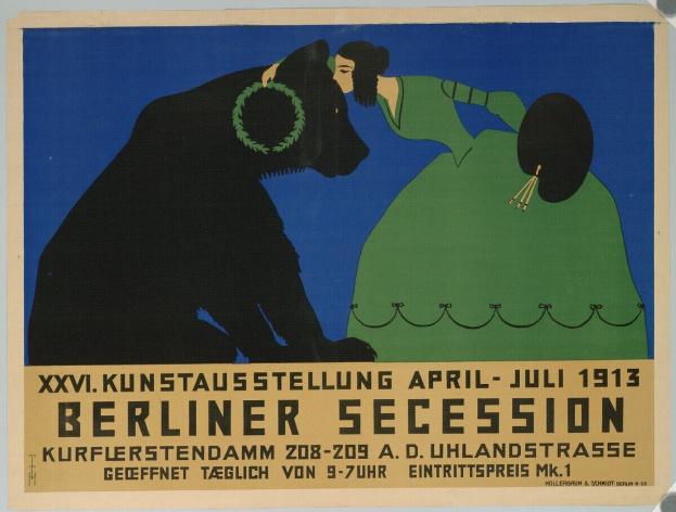 Plakat der Berliner Secession von 1913 mit einer Frau und einem Hund sowie Text.