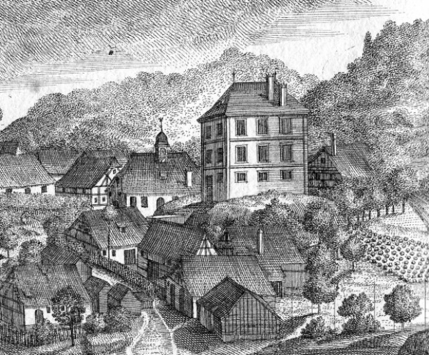 Eine Schwarz-Weiß-Zeichnung einer kleinen Stadt in Bayern im 19. Jahrhundert, die eine zentrale Kirche, umgebende Häuser, Bäume und einen Himmel im Hintergrund zeigt, mit der Beschriftung "Bayern im 19. Jahrhundert" unten.