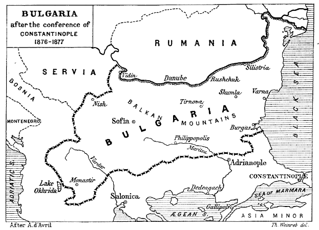 Eine Schwarz-Weiß-Karte Bulgariens aus dem Jahr 1876-1877, die Städte, Ortschaften und geografische Merkmale zeigt, mit Texten über die Konstantinopel-Konferenz.