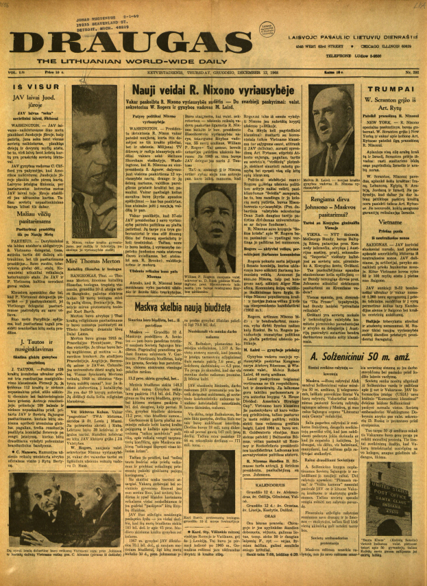 Die Titelseite der litauischen Zeitung "Draugas" zeigt mehrere fröhlich aussehende Personen verschiedenen Alters und Geschlechts, mit schwarzer Schrift auf gelbem Papier gedruckt.