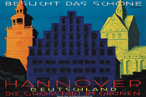 Plakat bewirbt Hannover, Deutschland, mit einigen Gebäuden, Bäumen und Textinformationen über die Stadt.