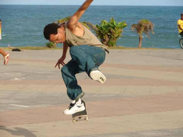 Eine Person führt einen Stunt auf einem Skateboard in der Mitte des Bildes aus, mit Pflanzen, anderen Menschen und einem Ozean im Hintergrund.