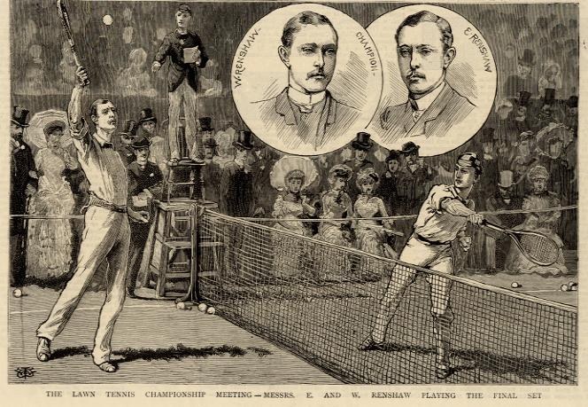 Schwarze und weiße Zeichnung von zwei Männern, die auf einem Platz mit einem Netz und Zuschauern im Hintergrund Tennis spielen, mit der Aufschrift "The Lawn Tennis Championship Meeting - Messers, E and W Renshaw Playing the Final Set" unten.
