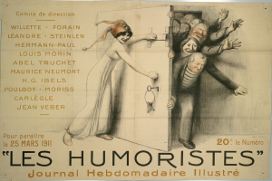Ein Plakat an einer Wand mit einer Gruppe lachender Menschen und der ├╝berschrift 'Les Humoristes Journal Hebdomadaire Illustr├ę' in fetter Schrift.