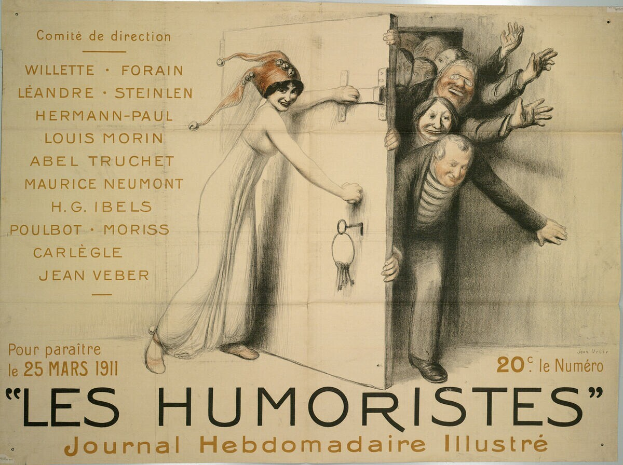 Ein Plakat an einer Wand mit einer Gruppe lachender Menschen und der ├╝berschrift 'Les Humoristes Journal Hebdomadaire Illustr├ę' in fetter Schrift.