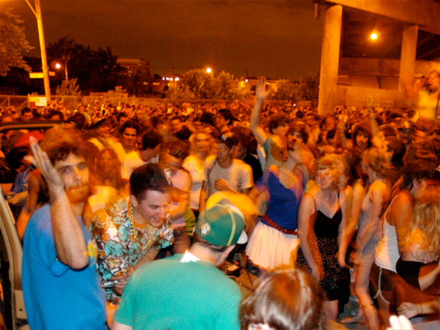 Menschen tanzen im Vordergrund auf einem Konzert mit Lichtern, Polen, Bäumen und anderen Gegenständen im Hintergrund.