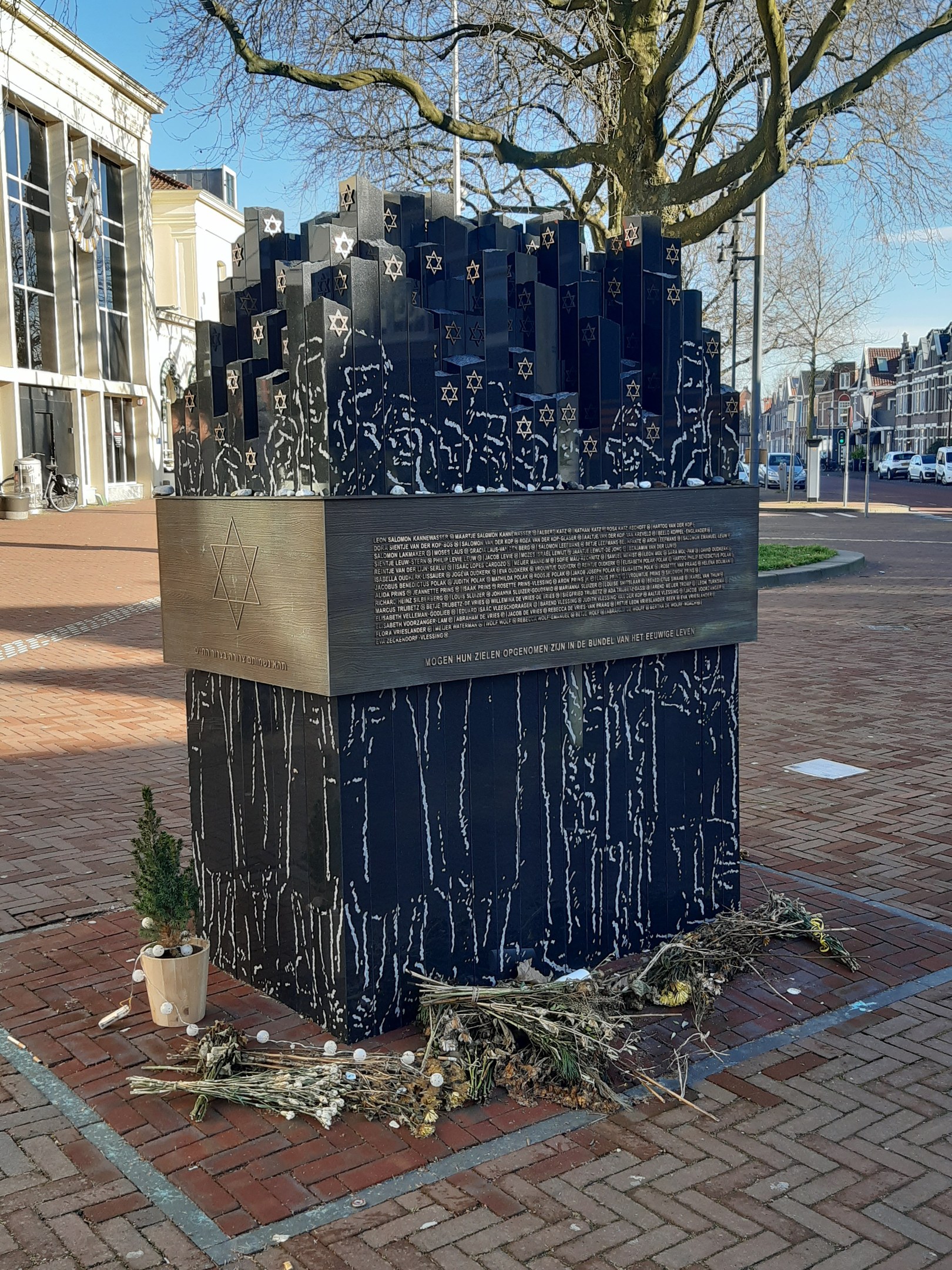 Denkmal für Holocaust-Opfer in einem Stadtplatz mit einem Baum davor, einem Topf mit einer Pflanze, verstreuten trockenen Blättern und städtischer Hintergrund mit Gebäuden, Fahrzeugen, Pfählen und Bäumen.