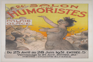 Plakat für das Salon des Humoristes in Paris mit einer Frau in der Mitte einer Menge, umgeben von Text.