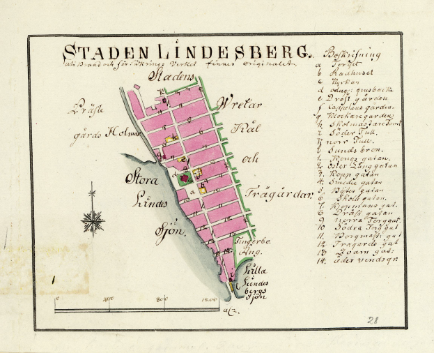 Ein detaillierter Stadtplan von Staden Lindesberg, Deutschland, der Straßen, Gebäude und Sehenswürdigkeiten zeigt und mit Text beschriftet ist.