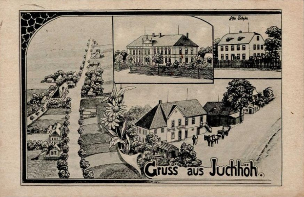 Eine alte Postkarte zeigt eine Stadtansicht mit Häusern, Bäumen, Pflanzen, Blumen, Menschen, Pferden und einem Zaun, mit Text unten.