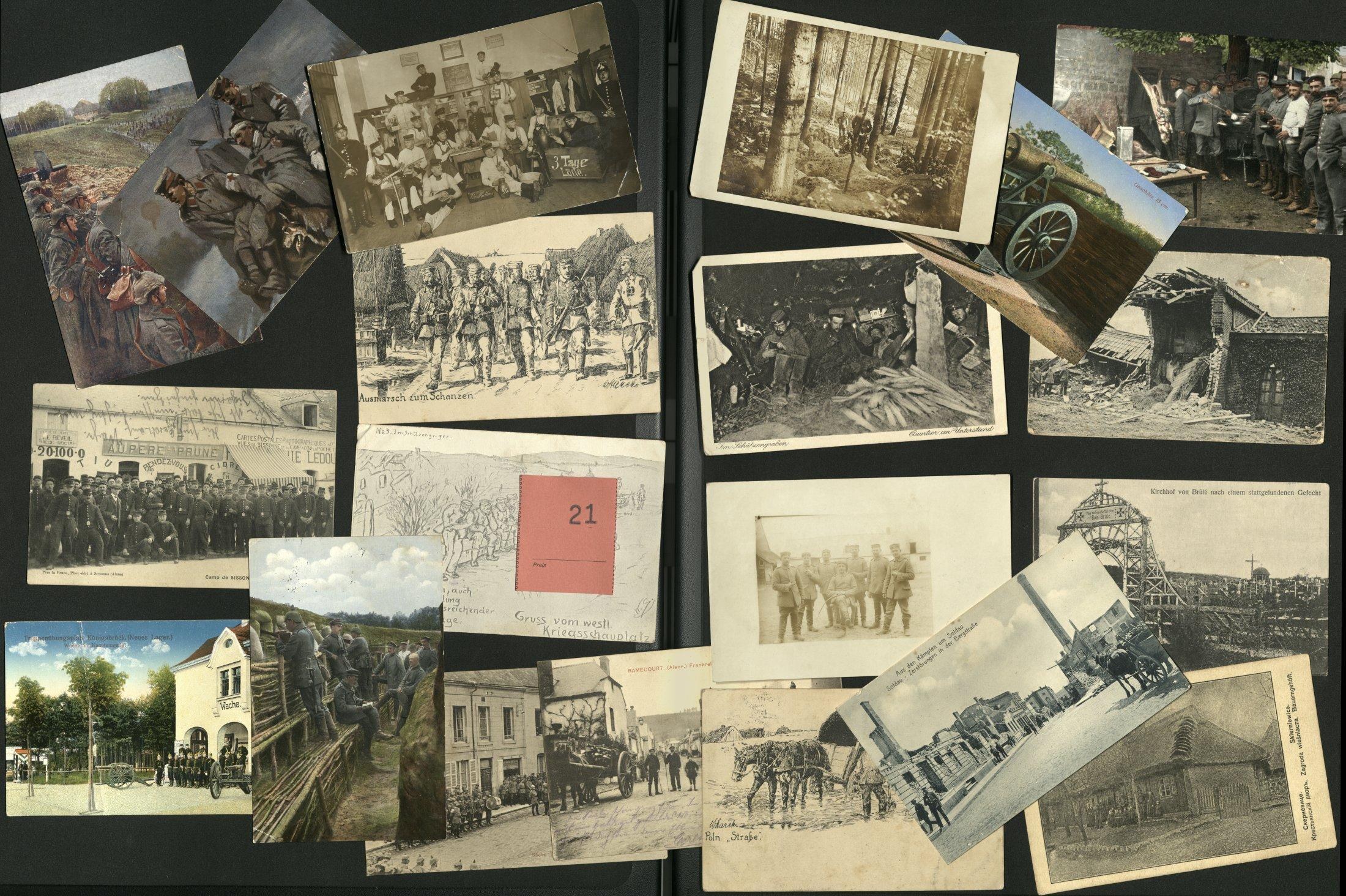 Eine Sammlung alter Ansichtskarten aus der deutschen Besetzung Deutschlands während des Ersten Weltkriegs, die auf einer schwarzen Oberfläche angeordnet sind und verschiedene Szenen mit Menschen, Gebäuden, Bäumen, Fahrzeugen und dem Himmel zeigen.