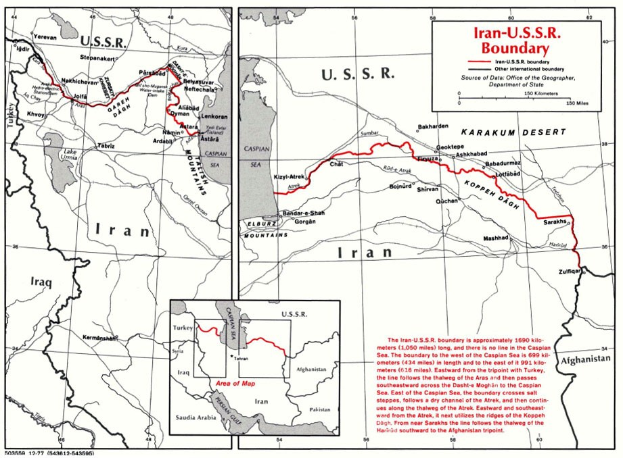 Detailierte Kartenvorlage der iranisch-sowjetischen Grenze mit geografischen Merkmalen und Landesgrenzen sowie erklärendem Text.