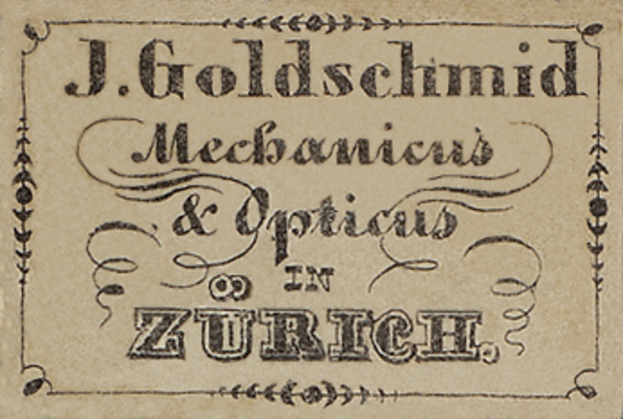 Alte Visitenkarte für J. Goldschmidt Mechanicus & Optics in Zürich, wahrscheinlich aus dem frühen 20. Jahrhundert.