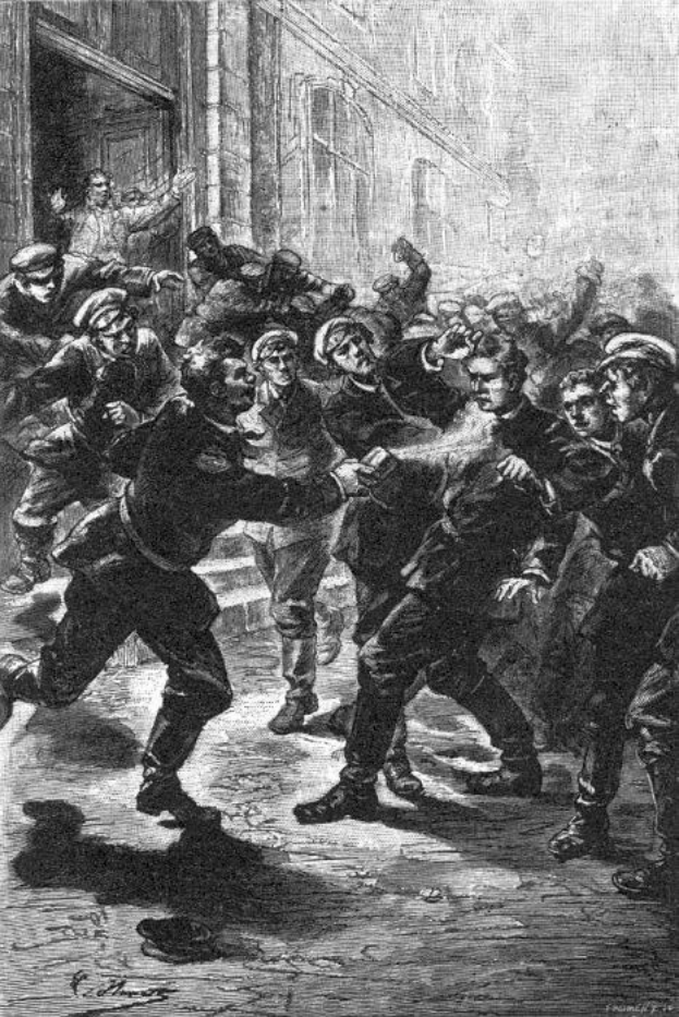Schwarze und weiße Illustration einer gewalttätigen Straßenschlägerei unter einer Gruppe von Männern in viktorianischem London mit einem Gebäude im Hintergrund und einem Text unten, der "Victorian riots in London, England" lautet.