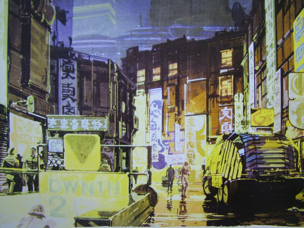 Ein bearbeitetes Bild mit Menschen, Fahrzeugen, Gebäuden, Plakaten, Text, einer Straße, Fenstern, Schildern, einer U-Bahn und Lichtern.
