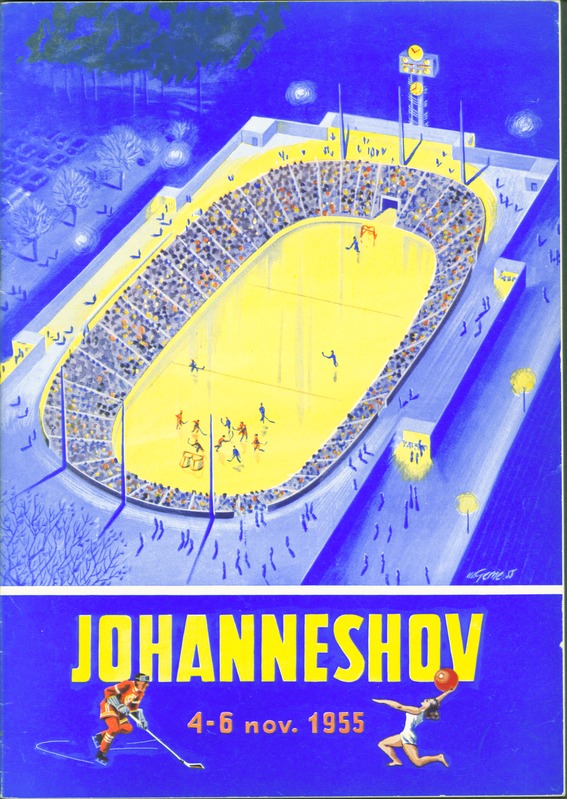 Ein Plakat aus dem Jahr 1955, das ein Hockey-Spiel in Johannesburg, S├╝dafrika, ank├╝ndigt und ein volles Stadion mit Zuschauern, B├Ąumen und Lichtern zeigt, zusammen mit Text und Zahlen.