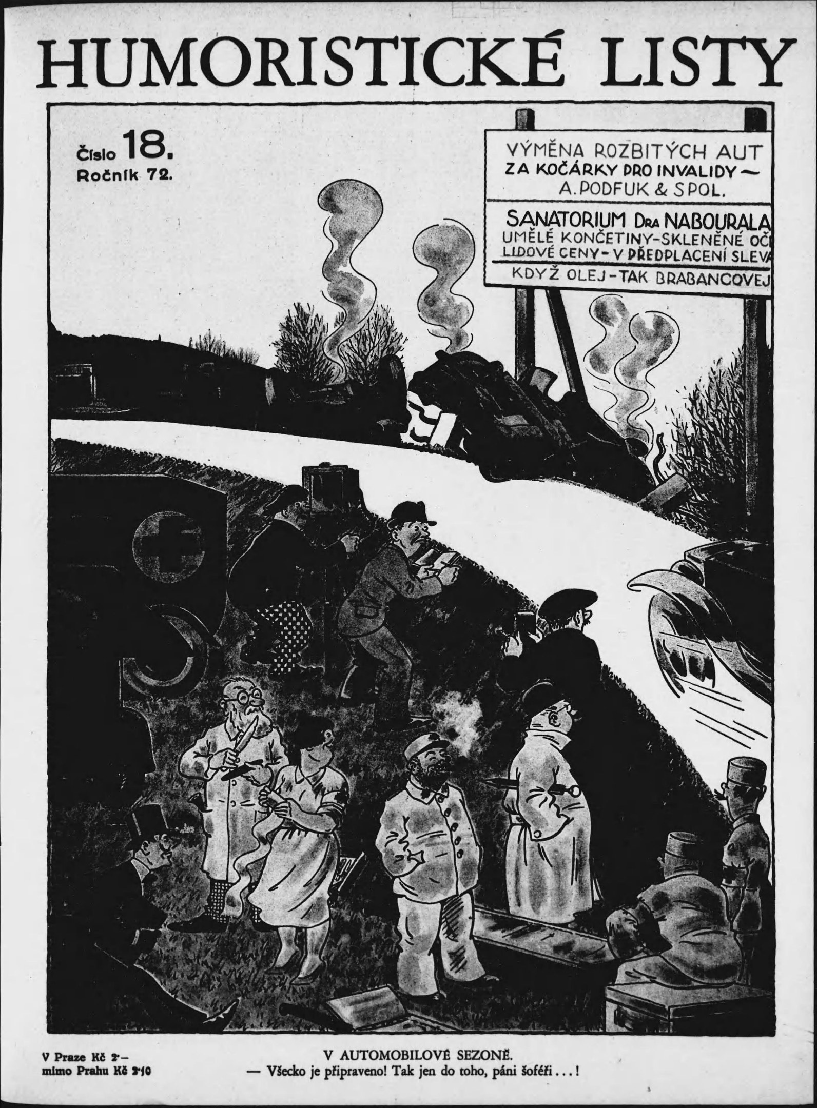 Schwarzer und weißer Cartoon von Menschen, die auf einen Zug schauen, mit "humoristische Listen 18" darauf geschrieben.