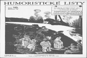 Schwarzer und weißer Cartoon von Menschen, die auf einen Zug schauen, mit "humoristische Listen 18" darauf geschrieben.