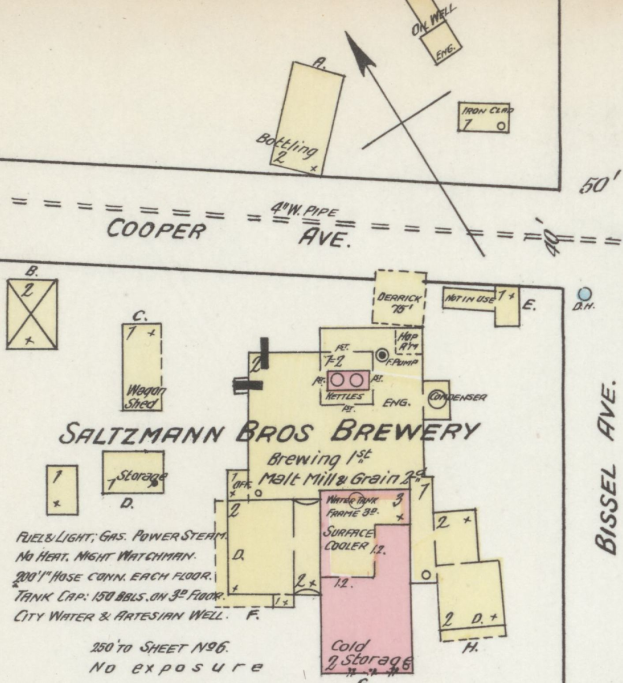 Ein detaillierter alter Plan der Saltzman Bros Brauerei, der Räume, Flure und weitere Merkmale mit Text zeigt, der den Namen, den Standort und die Annehmlichkeiten der Brauerei angibt.