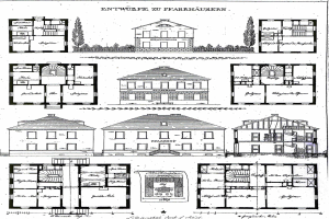 Schwarzes und weiße Architekturdiagramm eines Hauses mit zahlreichen Fenstern, beschriftet mit "Pläne für ein Haus in Deutschland", umgeben von skizzierten Bäumen.