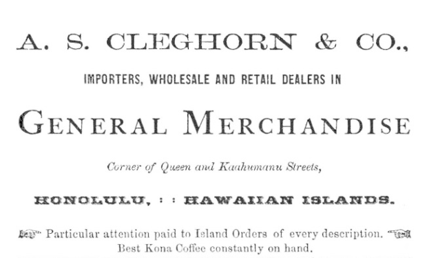 Schwarzer und weißer Papierbogen mit gedrucktem Text, der "A.S. Cleghorn & Co. Importeure, Groß- und Einzelhandelshändler für Allgemeine Handelswaren" liest