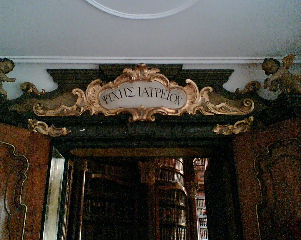 Ein Detailbild eines Eingangs mit Türen, das ein Bücherregal mit Büchern dahinter und eine Decke darüber zeigt.