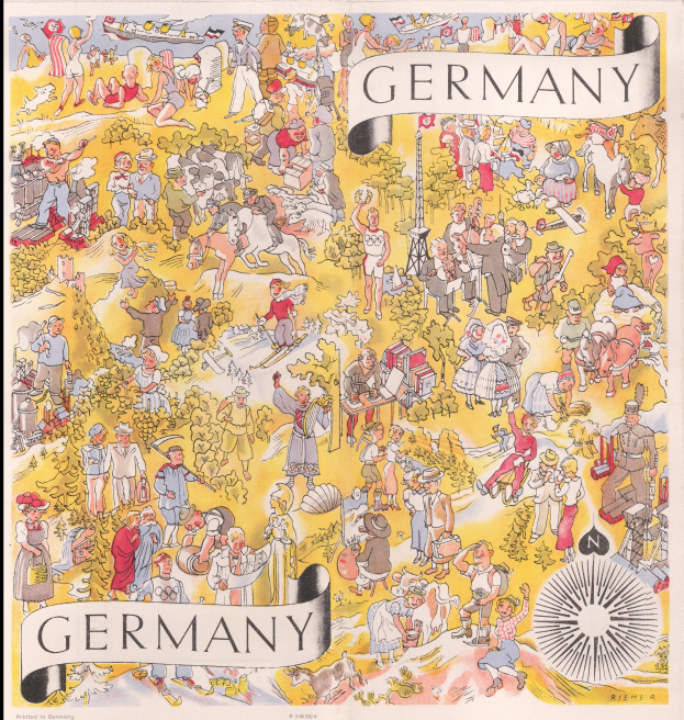 Ein schwarzes Plakat mit einer Deutschlandkarte und zahlreichen darauf abgebildeten Personen sowie begleitendem Text.