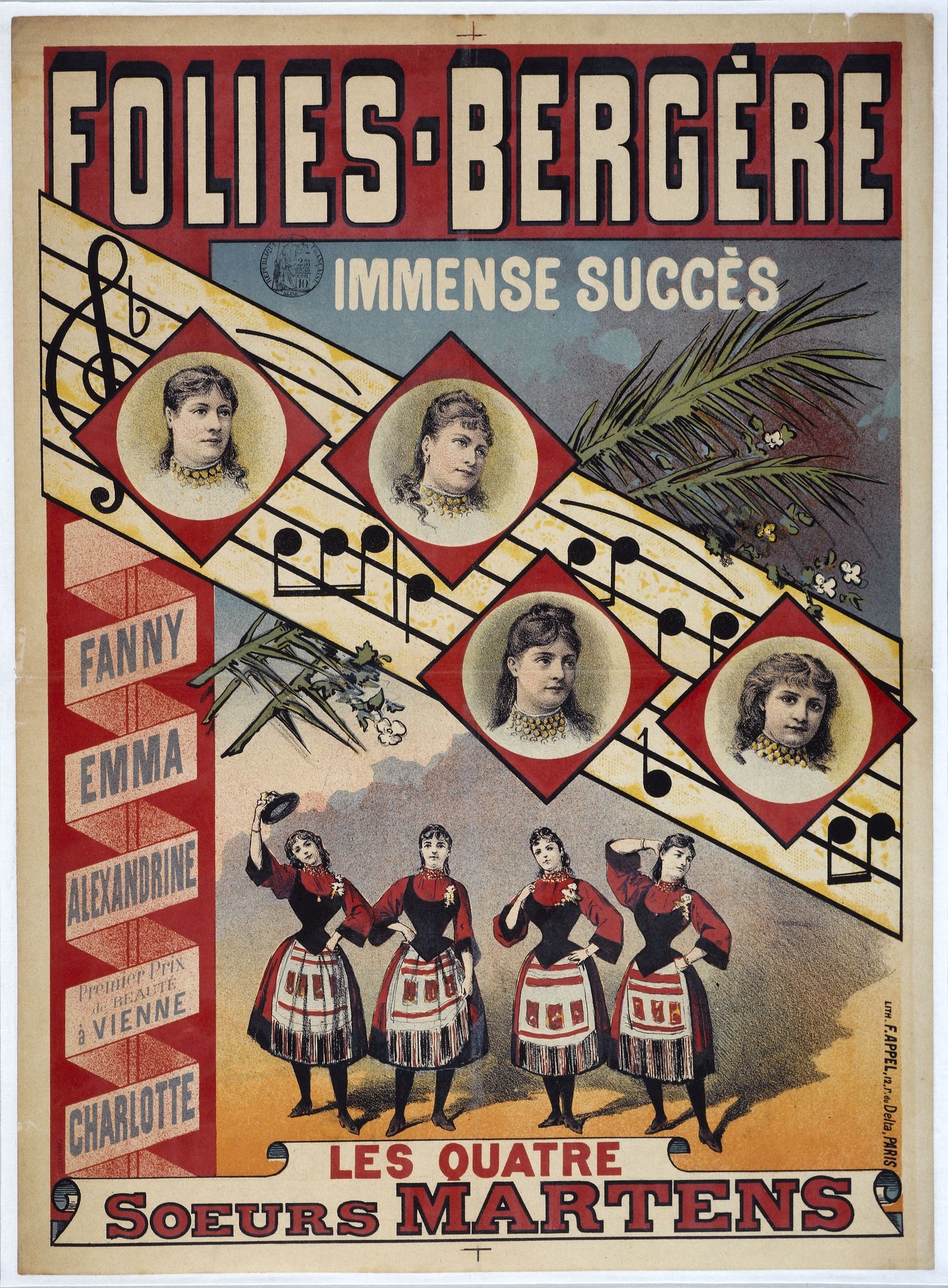 Plakat für die Folies-Bergère und Immense Succès-Konzerte, mit leuchtenden Farben, detaillierten Designs und Bildern von verschiedenen Menschen, mit fetter Schrift, die das Ereignis ankündigt.