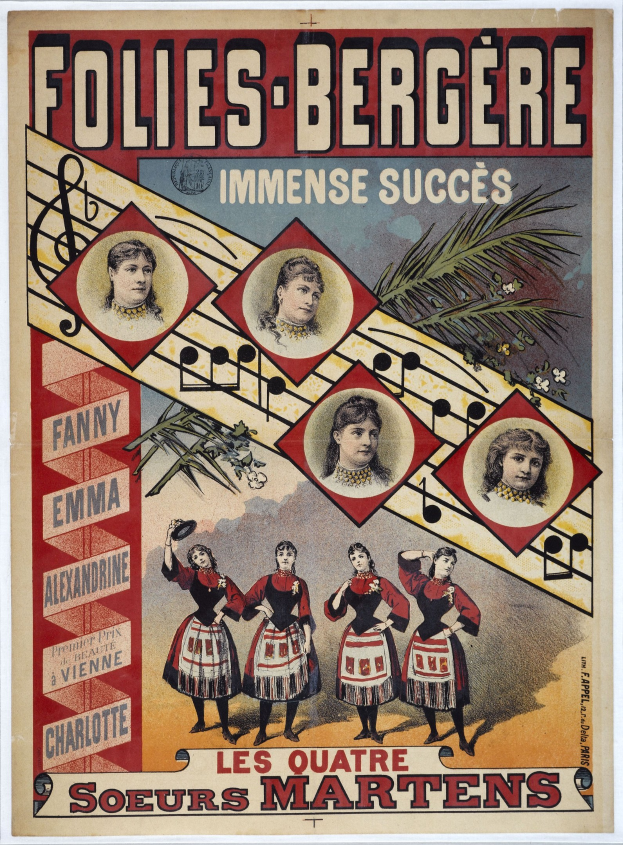 Plakat für die Folies-Bergère und Immense Succès-Konzerte, mit leuchtenden Farben, detaillierten Designs und Bildern von verschiedenen Menschen, mit fetter Schrift, die das Ereignis ankündigt.