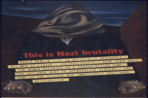 Ein Plakat an einer Wand mit einer Person in einer schwarzen Kapuzenjacke und Maske mit einem strengen Gesichtsausdruck, mit der Aufschrift 'Das ist Nazi-Gewalt' in fetter weißer Schrift.