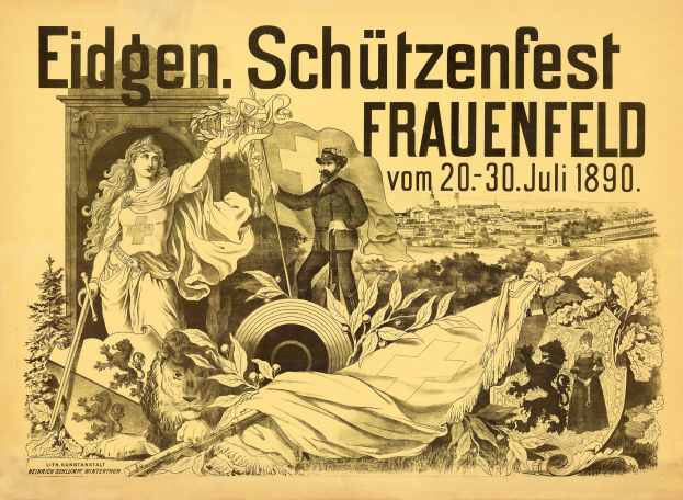 Plakat für das Eidgen Schützenfest in Frauenfeld, Deutschland, das einen Mann in einem Anzug und eine Frau in einem Kleid zeigt, die nebeneinander stehen, mit Veranstaltungstext.