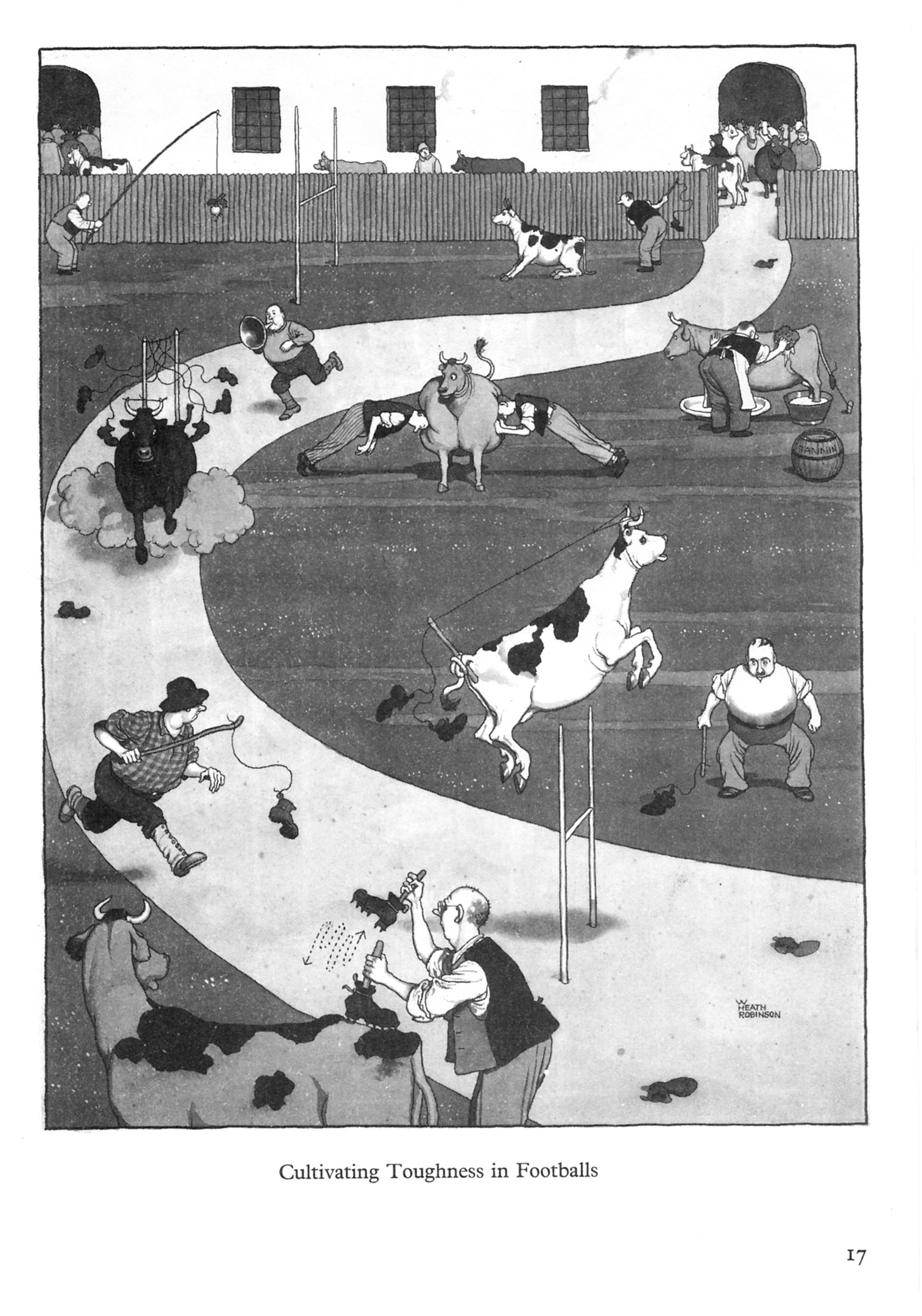 Schwarze und weiße Zeichnung von Menschen und Tieren auf einem Feld mit einer Wand und Fenstern im Hintergrund, mit dem Text "Zähigkeit im Fußball kultivieren" unten.