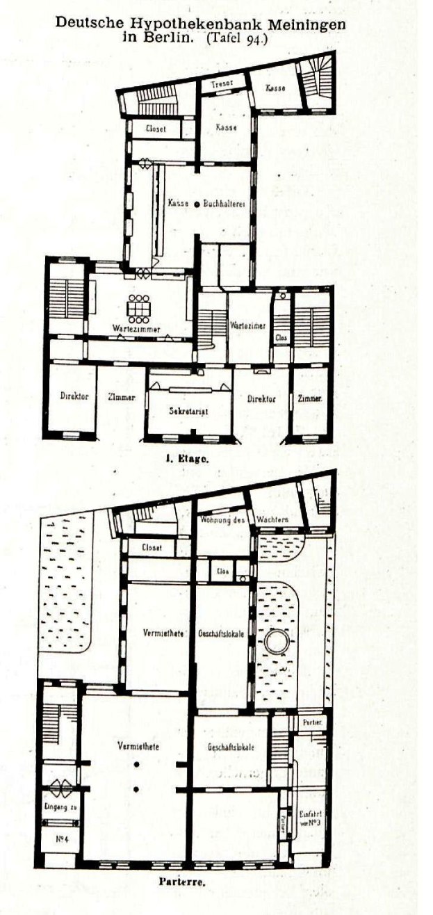 Schwarz-weißer architektonischer Grundriss der Hypothenbank Meiningen in Berlin, der detaillierte Raumaufteilungen, Fenster, Türen und bauliche Merkmale zeigt.