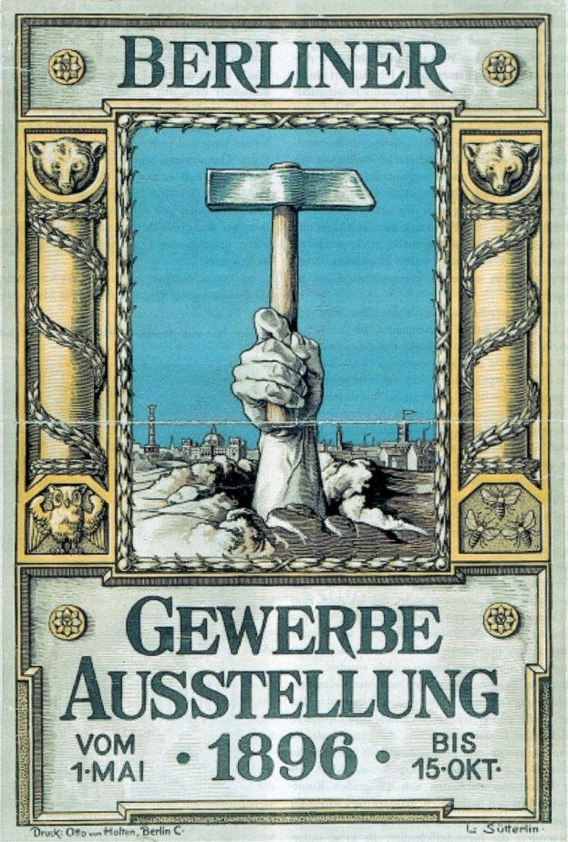 Plakat von 1896 Berliner Gewerbeausstellung mit einer Hand, die einen Hammer hält