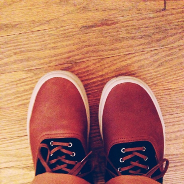 Braune und schwarze Schuhe auf einer braunen Oberfläche.