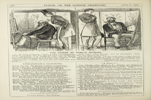 Eine Schwarz-Weiß-Illustration einer alten Buchseite mit einem Mann im Anzug, der in einem Stuhl sitzt und einen nachdenklichen Gesichtsausdruck hat, sowie einer Frau, die neben ihm steht und nachdenklich aussieht, mit der Inschrift "Die Macht der öffentlichen Meinung".