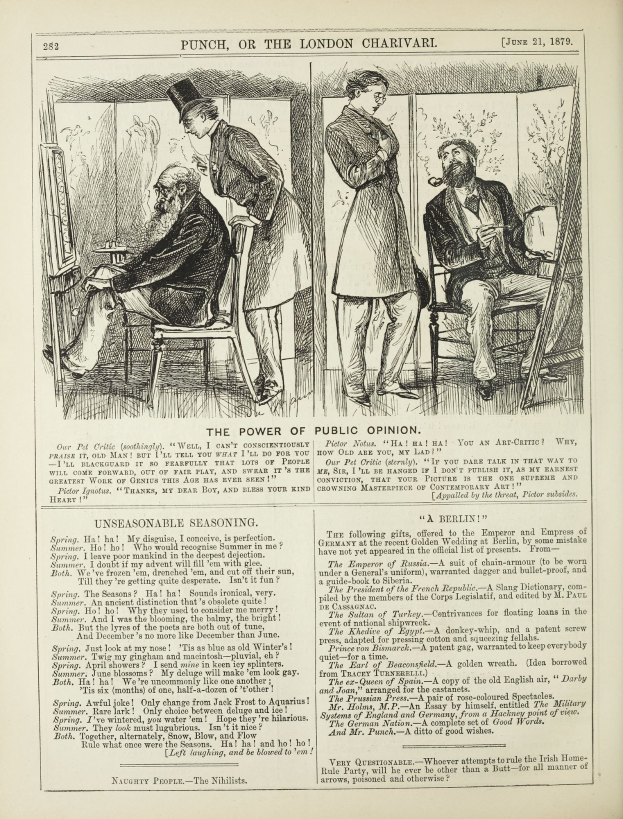 Eine Schwarz-Weiß-Illustration einer alten Buchseite mit einem Mann im Anzug, der in einem Stuhl sitzt und einen nachdenklichen Gesichtsausdruck hat, sowie einer Frau, die neben ihm steht und nachdenklich aussieht, mit der Inschrift "Die Macht der öffentlichen Meinung".